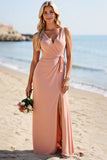 Blush Satin Sheath V-Neck Long Bridesmaid Dress with Slit