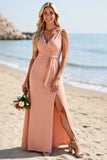 Blush Satin Sheath V-Neck Long Bridesmaid Dress with Slit
