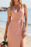 Blush Satin Sheath V-Neck Long Bridesmaid Dress with Slit