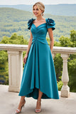 Blue A Line Ruched Long Mother Of The Bride Dress With 3D Flowers