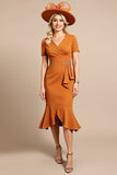 Orange Sheath V Neck Midi Mother Of The Bride Dress