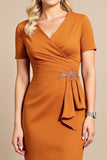 Orange Sheath V Neck Midi Mother Of The Bride Dress