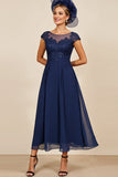 Navy A Line Appliqued Long Mother Of The Bride Dress