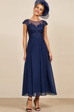 Navy A Line Appliqued Long Mother Of The Bride Dress