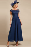 Navy Cap Sleeve A Line Mother Of The Bride Dress With Appliques