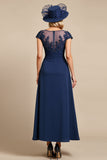 Navy Cap Sleeve A Line Mother Of The Bride Dress With Appliques