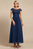 Navy Cap Sleeve A Line Mother Of The Bride Dress With Appliques