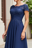 Navy Appliqued A Line Mother Of The Bride Dress