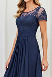 A Line Ruched Long Navy Mother Of The Bride Dress