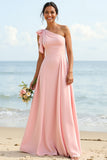 One Shoulder A Line Blush Chiffon Bridesmaid Dress