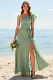 One Shoulder A Line Chiffon Dusty Sage Bridesmaid Dress