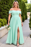 Off The Shoulder A Line Mint Green Bridesmaid Dress With Slit