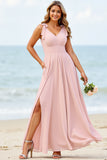 Chiffon A Line Cindy Pink Bridesmaid Dress With Slit