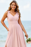 Chiffon A Line Cindy Pink Bridesmaid Dress With Slit