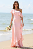 One Shoulder Ruffled A Line Candy Pink Bridesmaid Dress