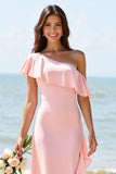 One Shoulder Ruffled A Line Candy Pink Bridesmaid Dress