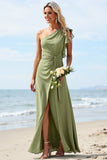 One Shoulder A Line Dusty Sage Bridesmaid Dress With Slit