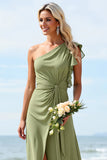 One Shoulder A Line Dusty Sage Bridesmaid Dress With Slit