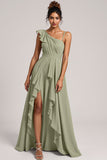 A Line Chiffon Ruffled Dusty Sage Bridesmaid Dress