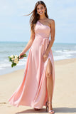 One Shoulder Candy Pink A Line Bridesmaid Dress With Slit