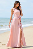 One Shoulder Candy Pink A Line Bridesmaid Dress With Slit
