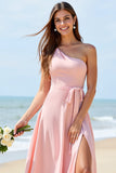 One Shoulder Candy Pink A Line Bridesmaid Dress With Slit