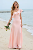 Chiffon One Shoulder A Line Candy Pink Bridesmaid Dress With Ruffles