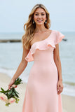 Chiffon One Shoulder A Line Candy Pink Bridesmaid Dress With Ruffles