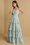 A Line Tiered Sage Green Chiffon Bridesmaid Dress