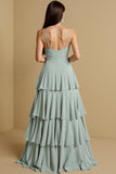 A Line Tiered Sage Green Chiffon Bridesmaid Dress