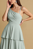 A Line Tiered Sage Green Chiffon Bridesmaid Dress