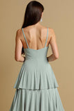 A Line Tiered Sage Green Chiffon Bridesmaid Dress