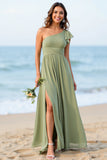 One Shoulder Dusty Sage A Line Bridesmaid Dress With Slit