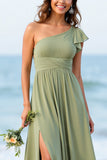 One Shoulder Dusty Sage A Line Bridesmaid Dress With Slit