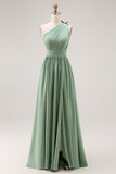 Green A Line One Shoulder Ruched Bridesmaid Dress with Slit