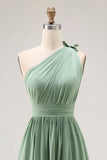 Green A Line One Shoulder Ruched Bridesmaid Dress with Slit