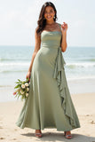 Chiffon Ruffled A Line Dusty Sage Bridesmaid Dress