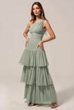One Shoulder Sage Green A Line Tiered Bridesmaid Dress