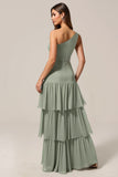 One Shoulder Sage Green A Line Tiered Bridesmaid Dress