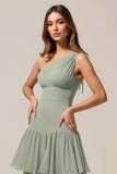 One Shoulder Sage Green A Line Tiered Bridesmaid Dress