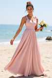 Candy Pink A Line V-Neck Chiffon Bridesmaid Dress