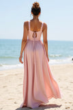 Candy Pink A Line V-Neck Chiffon Bridesmaid Dress