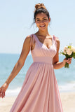 Candy Pink A Line V-Neck Chiffon Bridesmaid Dress