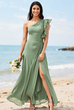 One Shoulder Chiffon Dusty Sage A Line Bridesmaid Dress