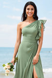 One Shoulder Chiffon Dusty Sage A Line Bridesmaid Dress