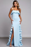 Sky Blue Ruffled Bridesmaid Dress With Slit