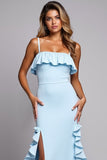 Sky Blue Ruffled Bridesmaid Dress With Slit