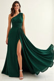 One Shoulder A Line Dark Green Bridesmaid Dress