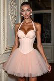 Blush Halter Corset Short Graduation Dress With Bow
