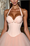 Blush Halter Corset Short Graduation Dress With Bow